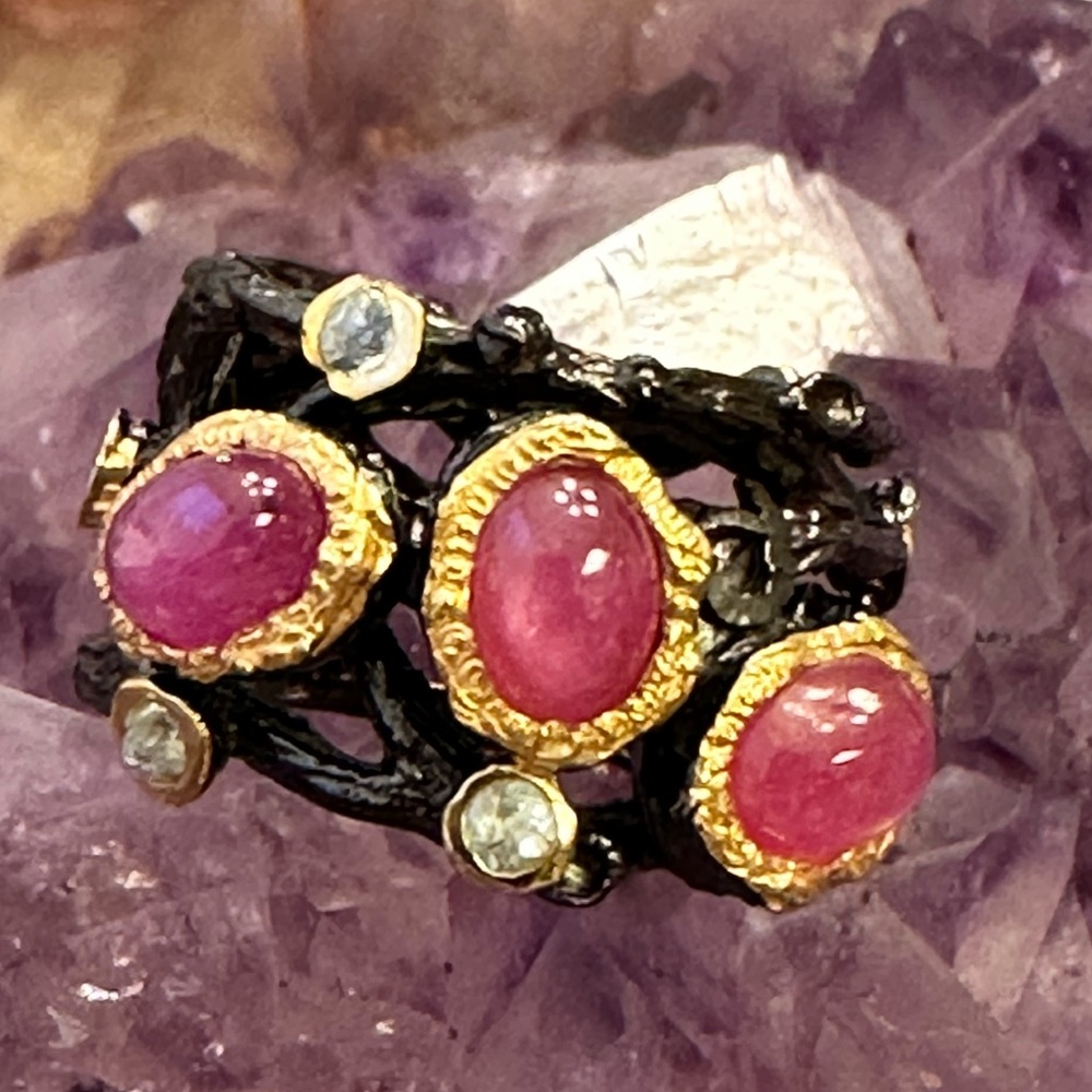 Star Ruby Blackened 925 Sterling Silver Band Ring - image 1